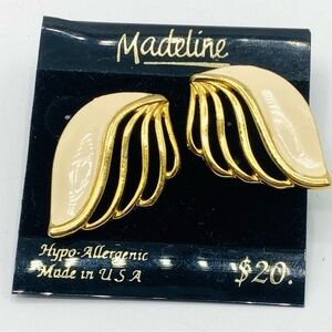Vintage Madeline Wing Design Gold Tone Cream Enamel Post Earrings